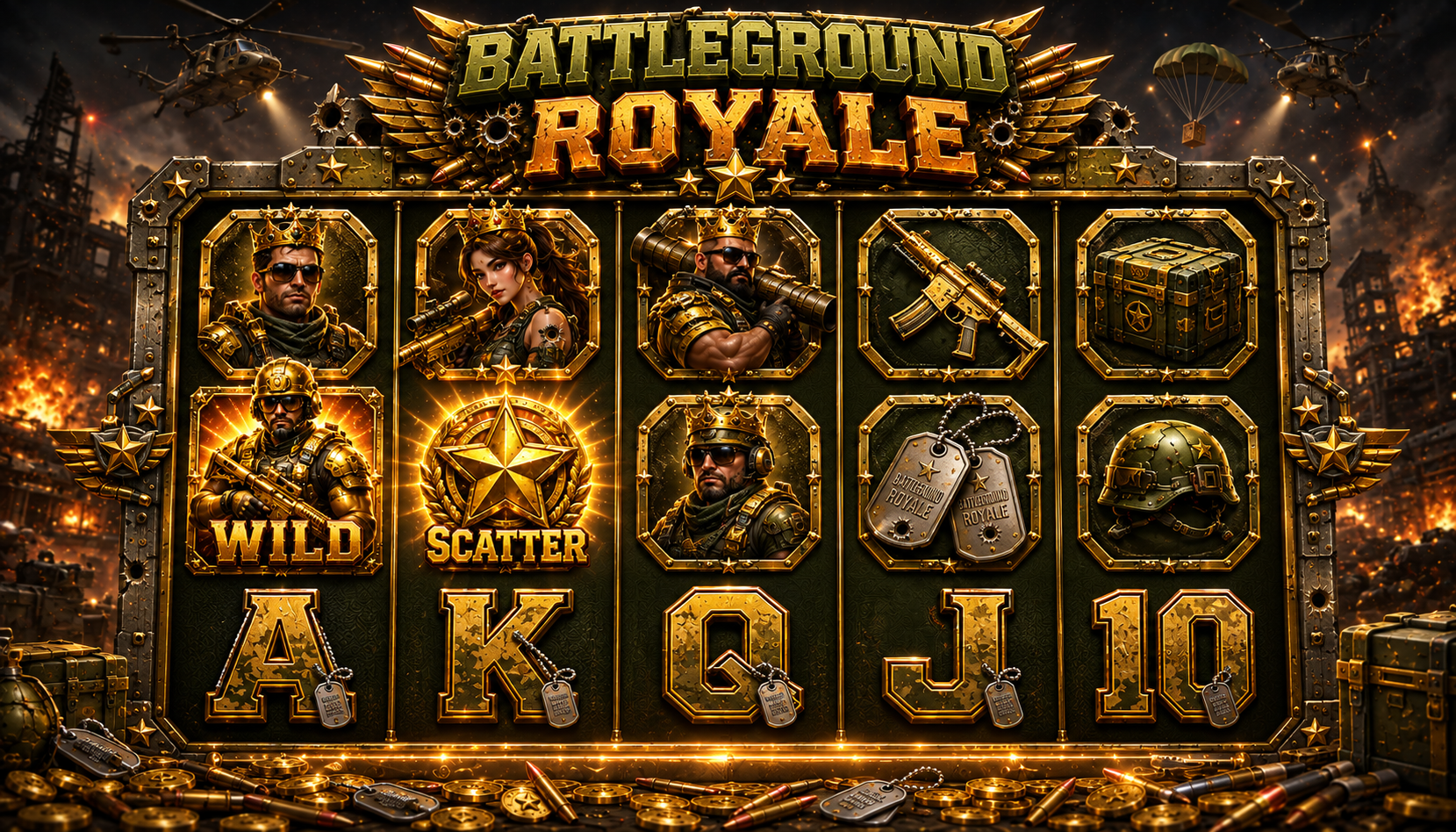 Battleground Royale สล็อต Battle Royale สัญลักษณ์ Wild Scatter 5 รีล x 3 แถว PG Soft